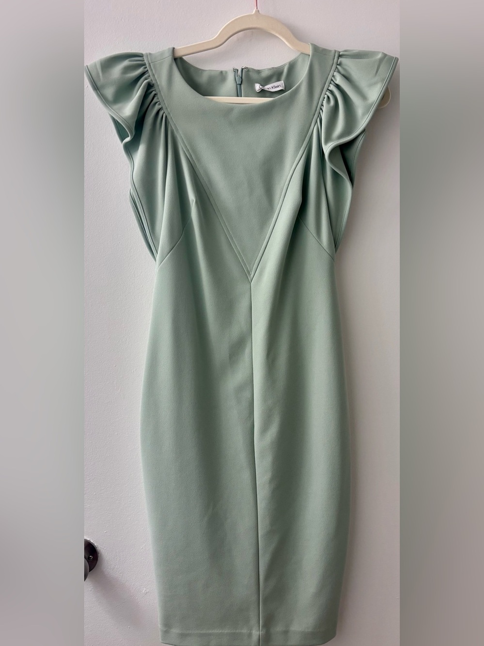 Calvin Klein Sage Green Ruffle-Sleeve Midi Sheath Dress